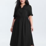 Zipper Front Collar Plain Midi Dress