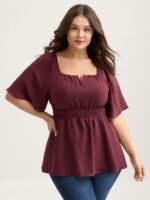 Stretchy Neckline Waist-Cinched Solid Blouse - Image 2