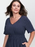 Striped V-Neck Shirred Waist Midi Dress - Image 3