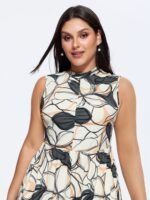 Floral Geometric Print Ruched Pockets Midi Dress - Image 2