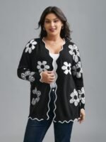 Floral Pattern Open-Front Knitted Cardigan - Image 9