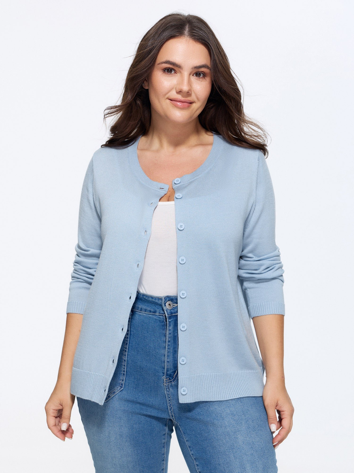 782196529_lq-1.jpg Classic Solid Crew Neck Button Down Knit Cardigan - Image 1