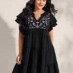 Embroidered Neckline A-Line Ruffled Knee-Length Dress