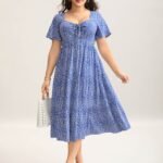 Ditsy Floral Sweetheart Drawstring Pocket Tiered Dress