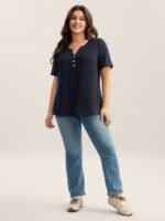 Solid Split Neck Button Detail T-Shirt - Image 39
