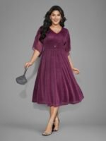 Glitter Mesh Petal Sleeve Midi Dress - Image 9