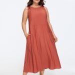 Solid Round Neck Pocket Sleeveless Midi Dress