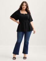 Stretchy Neckline Waist-Cinched Solid Blouse - Image 14