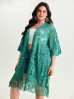 Laser Cut Floral Textured Tassel Detail Kimono - Image 4