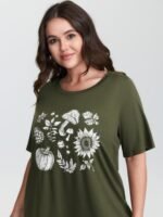 Stretchy Plant Print Round Neck T-Shirt - Image 2