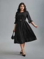 Crew Neck Polka Dot Waist Cinched Dress