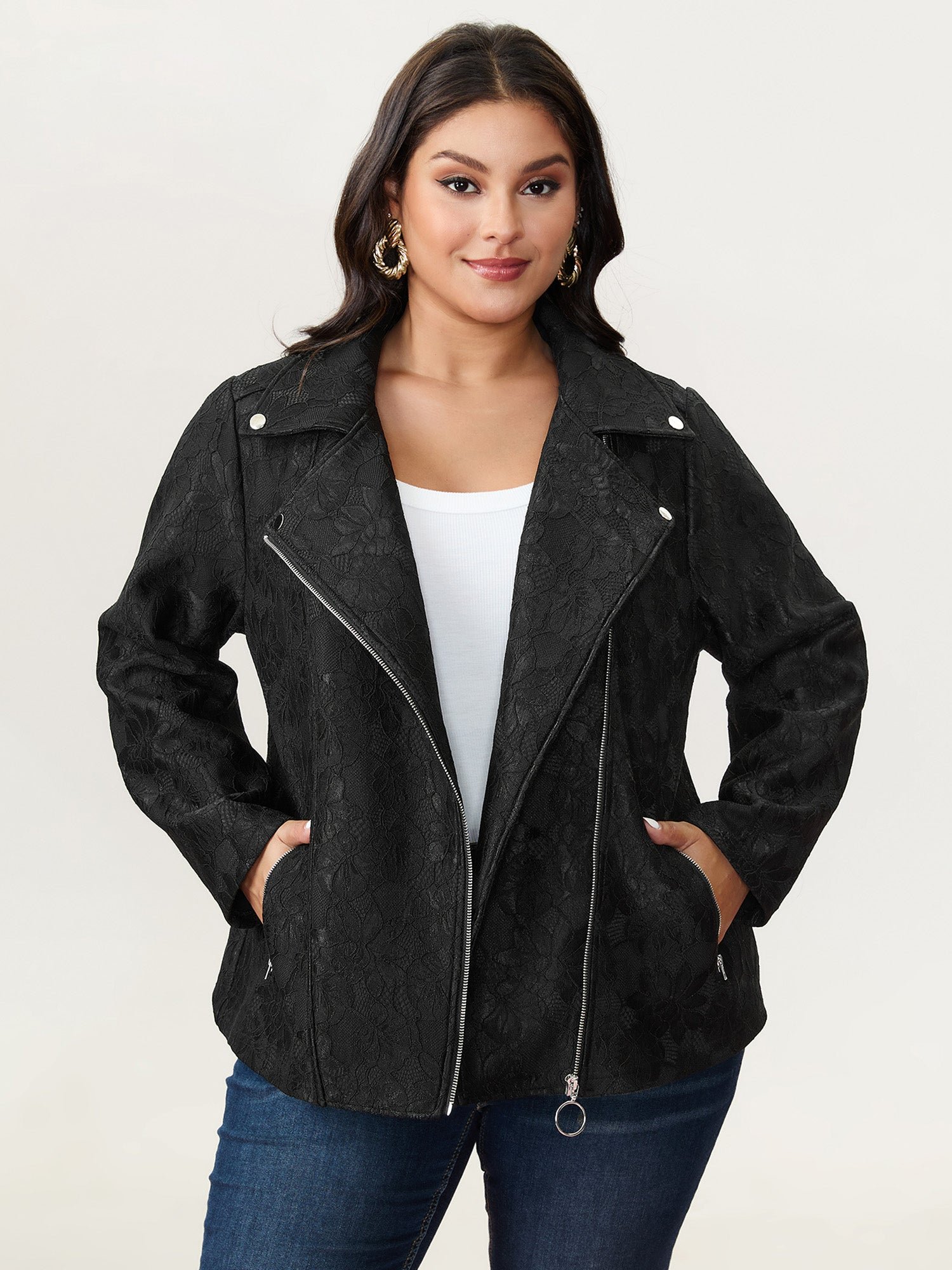 908125000_sd-1.jpg Lace Mesh Pocket Zipper Jacket - Image 1