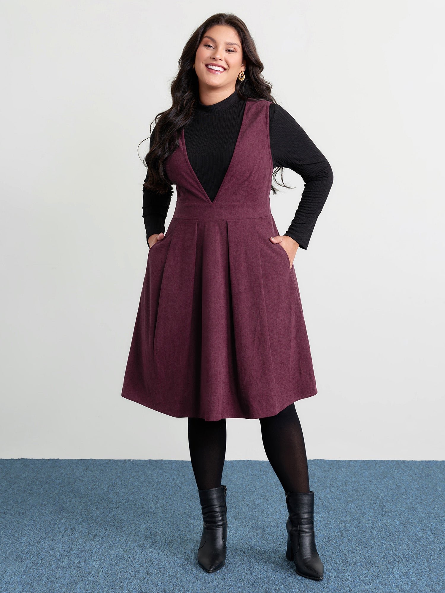 919731086_vn.jpg Corduroy Stretchy Waist V-Neck Mini Dress - Image 1