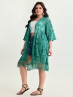 Laser Cut Floral Textured Tassel Detail Kimono