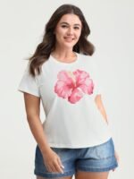 Cotton Bright Floral Print Crew Neckline T-Shirt