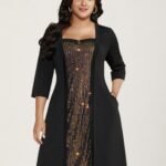 Heart Neckline Patchwork Sequin Button Detail Dress