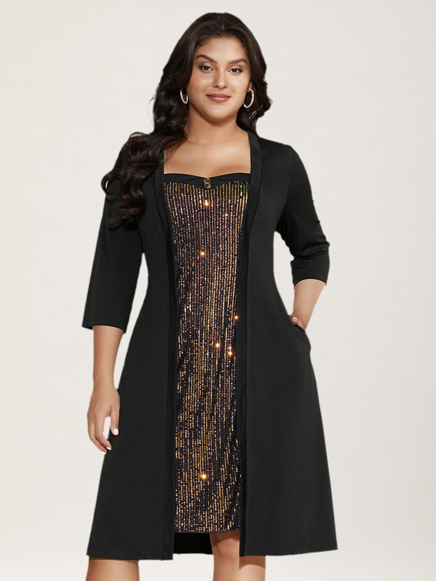 963393281_jt-2.jpg Heart Neckline Patchwork Sequin Button Detail Dress - Image 1