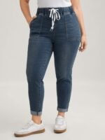 Pull-On Drawstring Folded Hem Boyfriend Jeans
