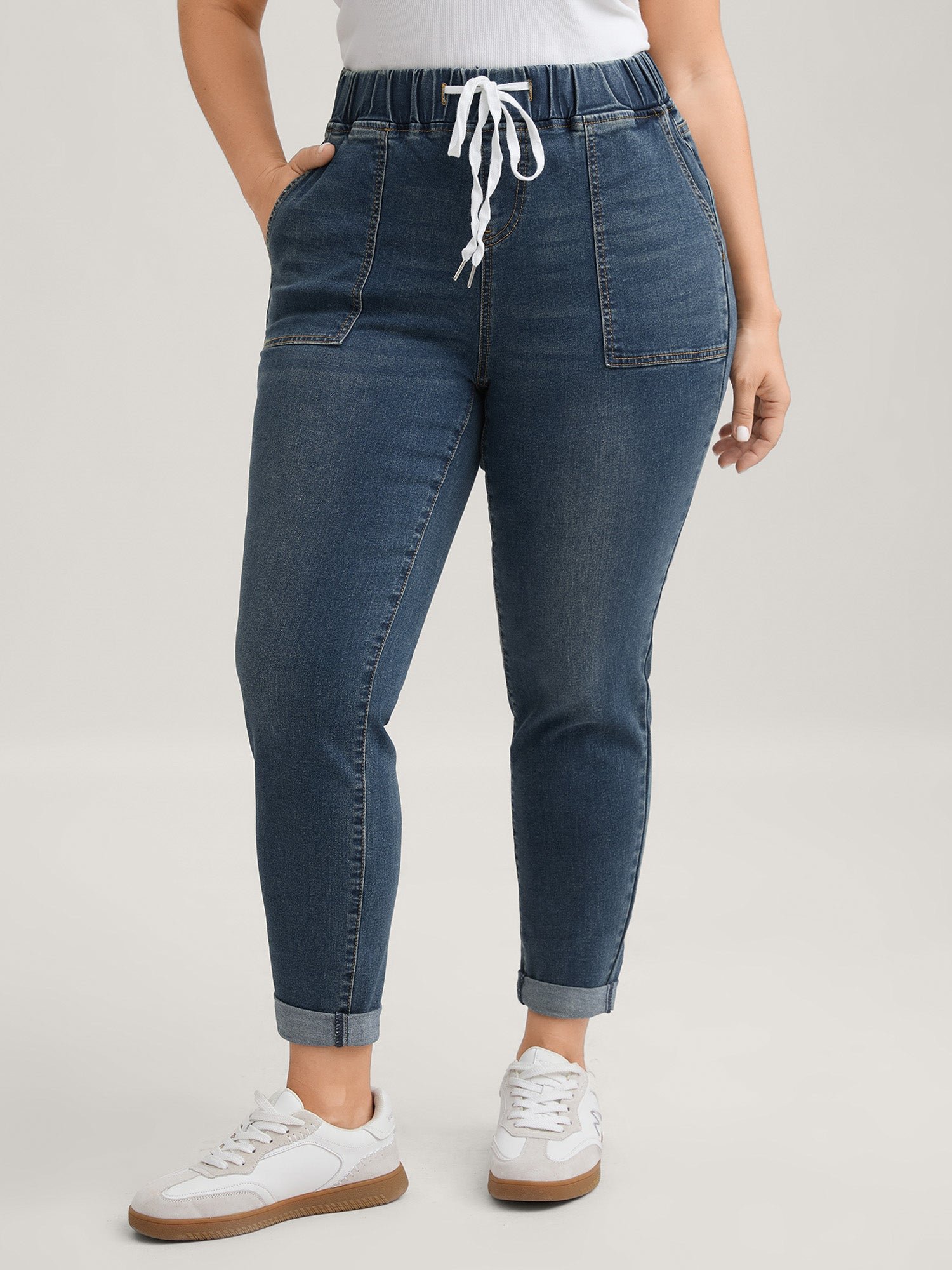 990628354_fc-2.jpg Pull-On Drawstring Folded Hem Boyfriend Jeans - Image 1