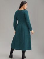 Rib Knit Plain Plisse Long Sleeve Dress - Image 2