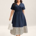 Cotton Color Block Cinched-Waist Spliced Midi Dress